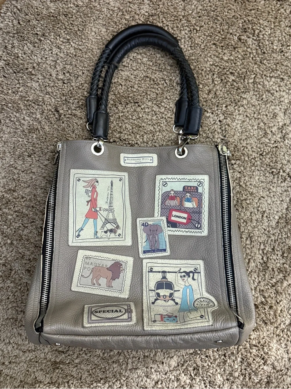 Barbara Rihl Patch-Accent Gray Tote with Braided Black Handles